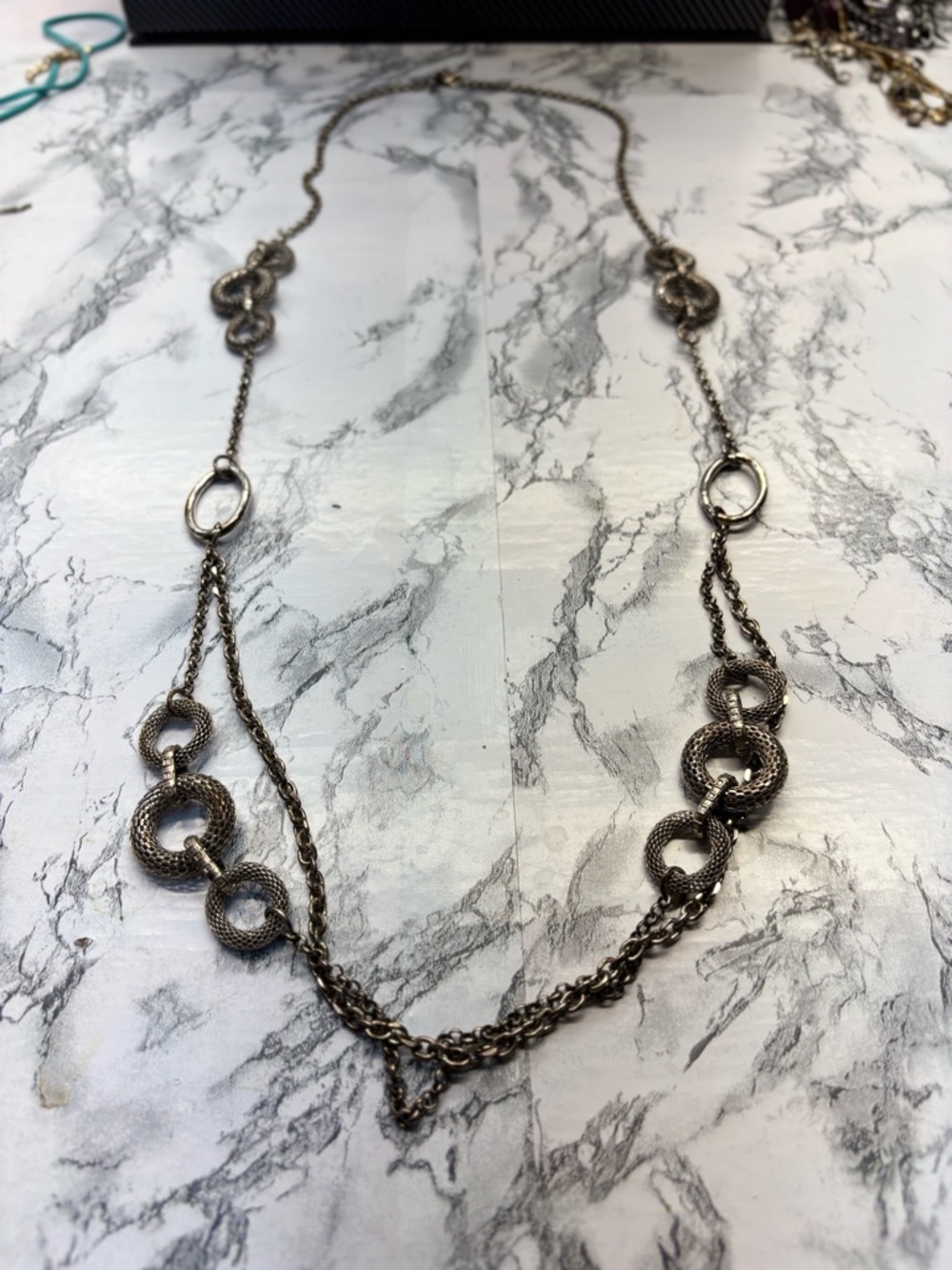 Vintage Textured Linked Circle extra Long Necklace - Silver